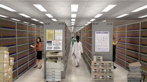 Fileroom filled with shelves of medical records